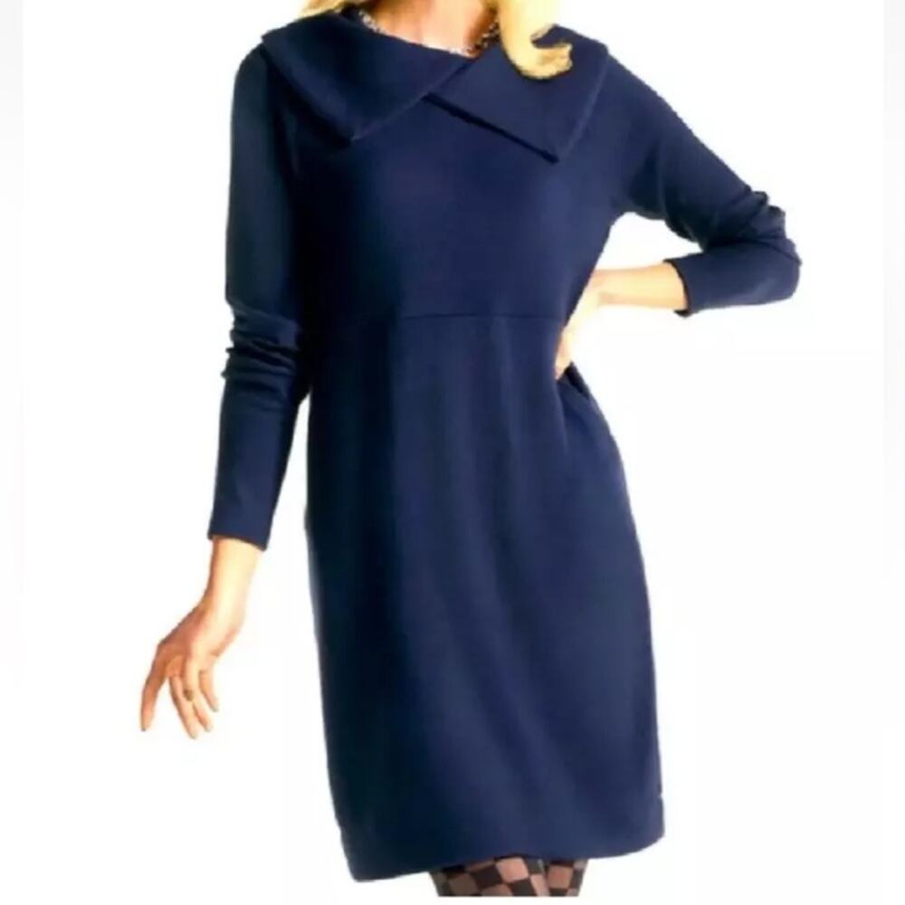 CAbi Round Up Sweater Knit Dress #4390 Cobalt Navy Blue Wide Pockets Office Sz M